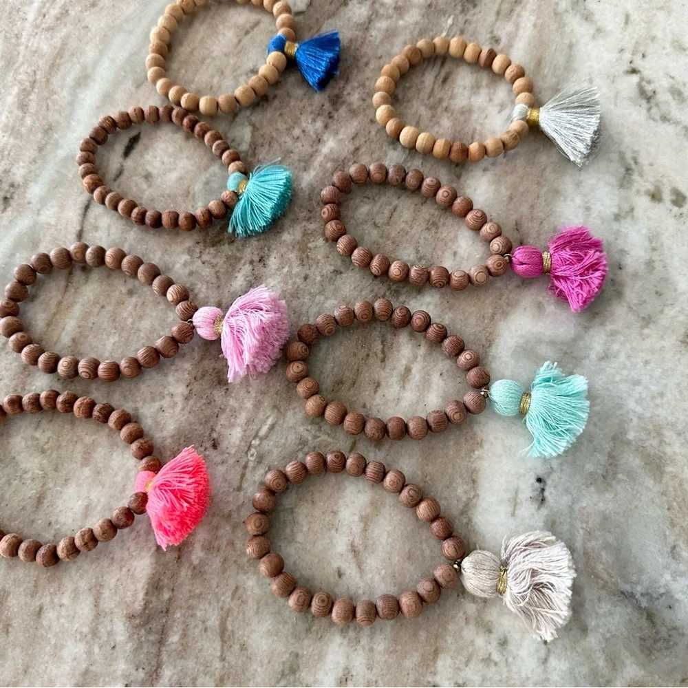 Set of 8 Wood Beaded Colorful Tassel Bracelets - Beach / Boho / Vacation